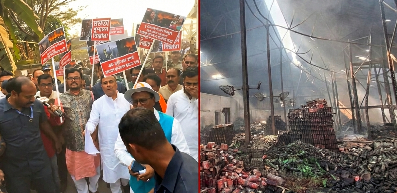 আনন্দপুর অগ্নিকাণ্ড: ১৬৩ ধারা জারি, দূর থেকে ঘটনাস্থল দেখলেন শুভেন্দু